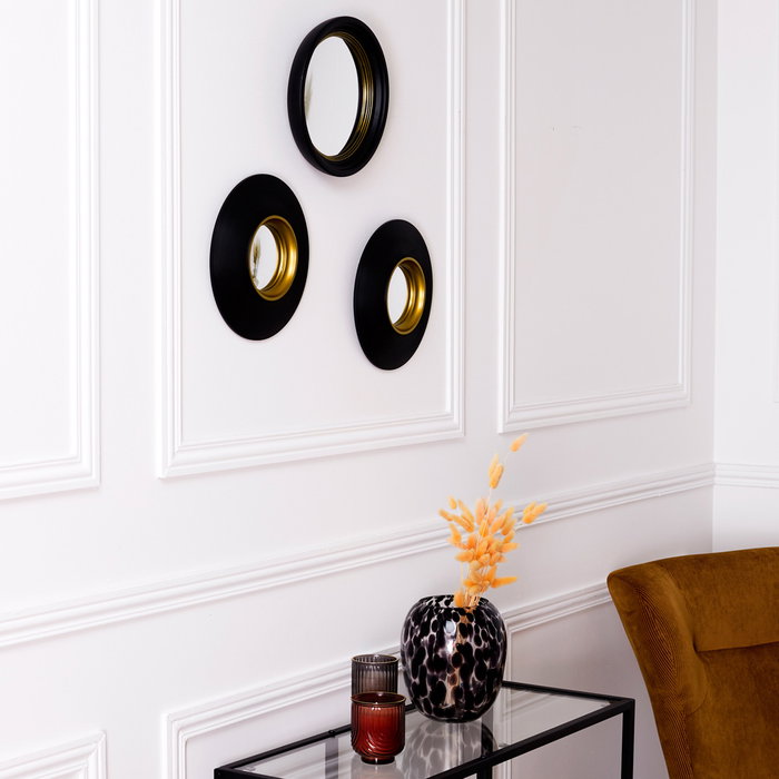 Home Deco Factory Juego De 3 Espejos Convexos Diámetro 25,5 cm - Color Negro y Oro, Colección Lounge, Marco de Plástico PS con Vidrio