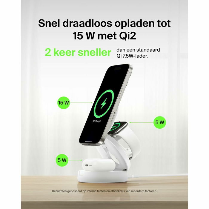 Belkin WIZ034kqWH Cargador Inalámbrico MagSafe 3 en 1 Plegable con Qi2 15W - 1.5 m Blanco