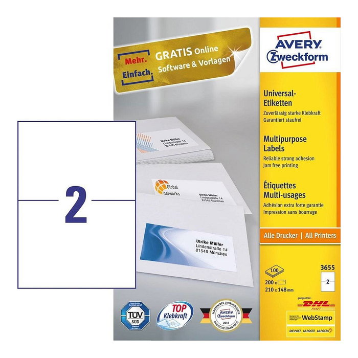 AVERY Zweckform Etiquetas 3655 Blanco 210 x 148 mm AVERY Zweckform Etiquetas 3655 Blanco 210 x 148 mm
