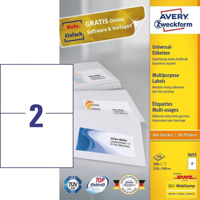 Avery Zweckform Etiquetas Autoadhesivas A4 210x148 mm, Blister 100 Hojas, 3655 - Etiquetas para Imprimir, Papelería y Organización