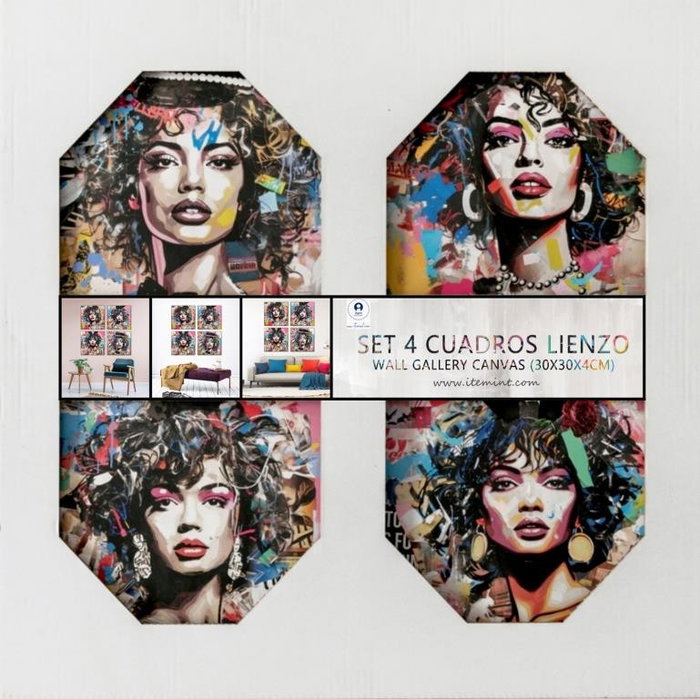 DKD Home Decor Set de 4 Cuadros de Lienzo MDF 30x30 cm Multicolor Chica