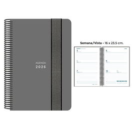 Agenda Anual (2026) Senfort Unicolor Espiral Tapa Pp Con Goma 160X235 S/V Gris