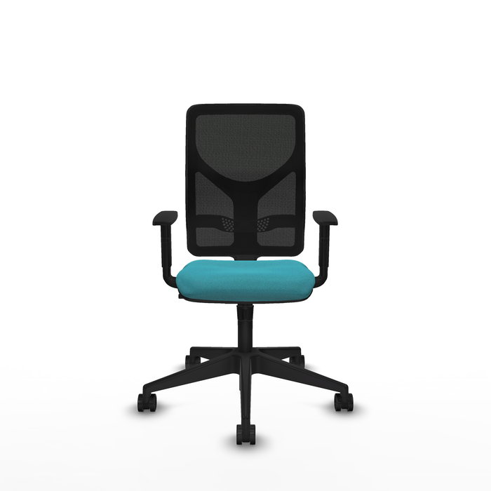 Silla de oficina Motilla con mecanismo Sincro tapizada con Tela color Turquesa y malla color negra. Equipada con lumbar 1D, Brazos 1D y Ruedas 65mm nailon
