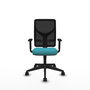 Silla de oficina Motilla con mecanismo Sincro tapizada con Tela color Turquesa y malla color negra. Equipada con lumbar 1D, Brazos 1D y Ruedas 65mm nailon