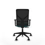 Silla de oficina Motilla con mecanismo Sincro tapizada con Tela color Turquesa y malla color negra. Equipada con lumbar 1D, Brazos 1D y Ruedas 65mm nailon