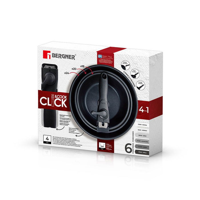 Bergner Set 3 Sartenes Click & Cook BG-32292-MM Acero Inoxidable Ø18/Ø20/Ø24 cm Aptas Inducción