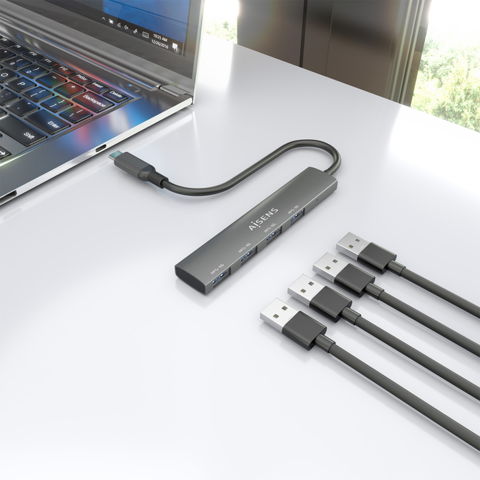 Aisens Hub USB Tipo-C 3.1 Gen1 A109-0943 con 4 Puertos USB 3.0 Hembra a USB-C Macho, 15 cm Gris, Protección contra Sobrecorriente, RoHS, CE