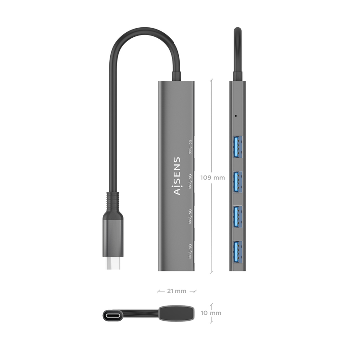 Aisens Hub USB Tipo-C 3.1 Gen1 A109-0943 con 4 Puertos USB 3.0 Hembra a USB-C Macho, 15 cm Gris, Protección contra Sobrecorriente, RoHS, CE