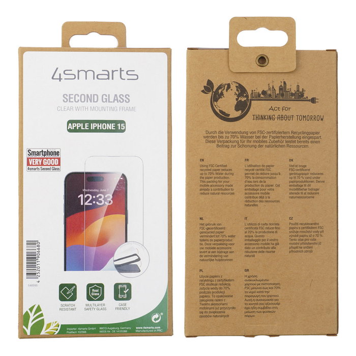 4smarts 540595 Protector de Pantalla de Vidrio Templado para iPhone 15 Transparente Resistente a Rayones y A Prueba de Balas con Marco de Montaje