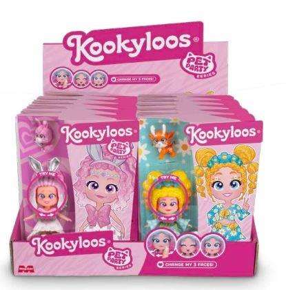 Muñeca kookyloos pet party 3 caras con expresiones, incluye mascota y accesorios. 18,5x29x23cm