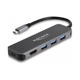 DeLOCK 3 Port USB Hub con Salida HDMI 4K, USB Type-C, USB 3.2 Gen 1 y Power Delivery 85W, Hub USB con 3x USB-A y 1x USB-C, 30 Hz, Color Gris