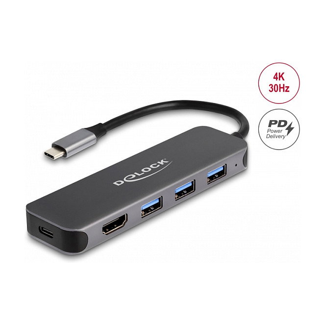 DeLOCK Concentrador USB de 3 puertos y salida HDMI 4K con USB Type-C y PD 85 W