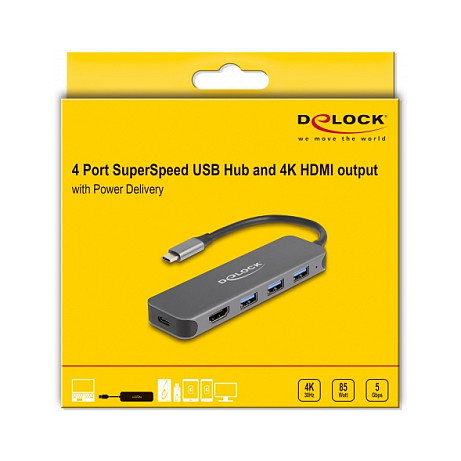 DeLOCK Concentrador USB de 3 puertos y salida HDMI 4K con USB Type-C y PD 85 W