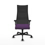 Sillón Albacete con mecanismo Sincro tapizada con Tela color Morado y malla color Negro. Equipado con Base nailon negra, Brazos 1D y Ruedas 65mm nailon