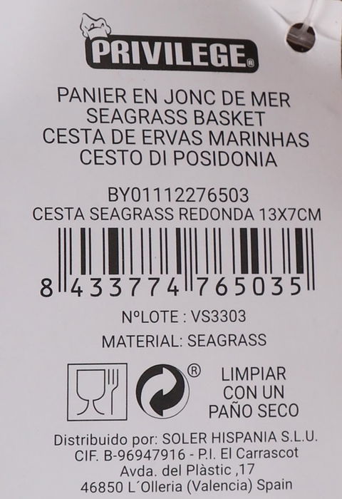 Privilege Cesta Seagrass Redonda 13 cm x 7 cm (24 Unidades)