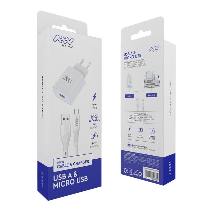 myway pack cargador de pared USB 2.4A + cable micro USB 1m blanco myway pack cargador de pared USB 2.4A + cable micro USB 1m blanco