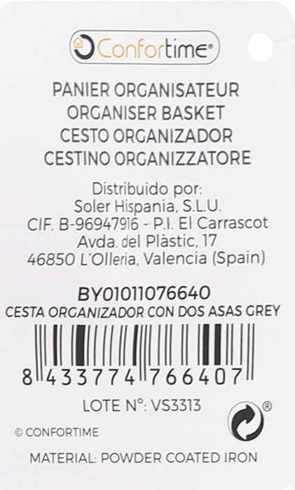 Confortime Cesta Organizador Con Dos Asas Grey 37,9 cm x 27,6 cm x 24,8 cm (6 Unidades)