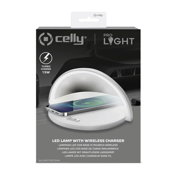 Celly WLLIGHTCIRCLEWH Lámpara LED con Cargador Inalámbrico 15W, Soporte Ajustable para Smartphone, 3 Niveles de Luz, Blanco
