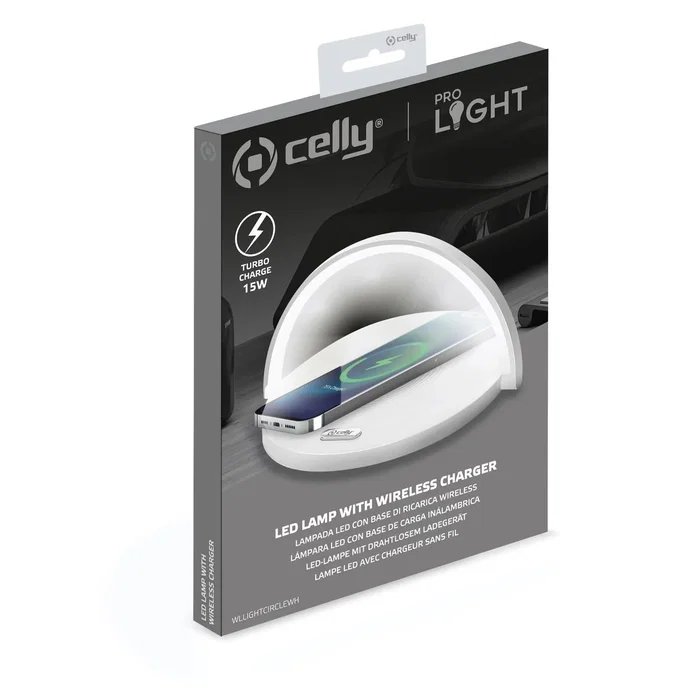 Celly WLLIGHTCIRCLEWH Lámpara LED con Cargador Inalámbrico 15W, Soporte Ajustable para Smartphone, 3 Niveles de Luz, Blanco