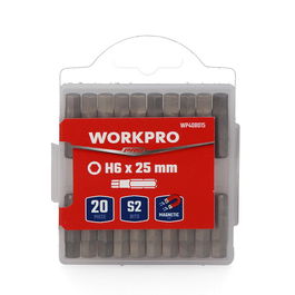 Workpro Juego de 20 Puntas Magnéticas Hexagonales H6 x 25 mm en Acero S2 - Alta Dureza y Torsión