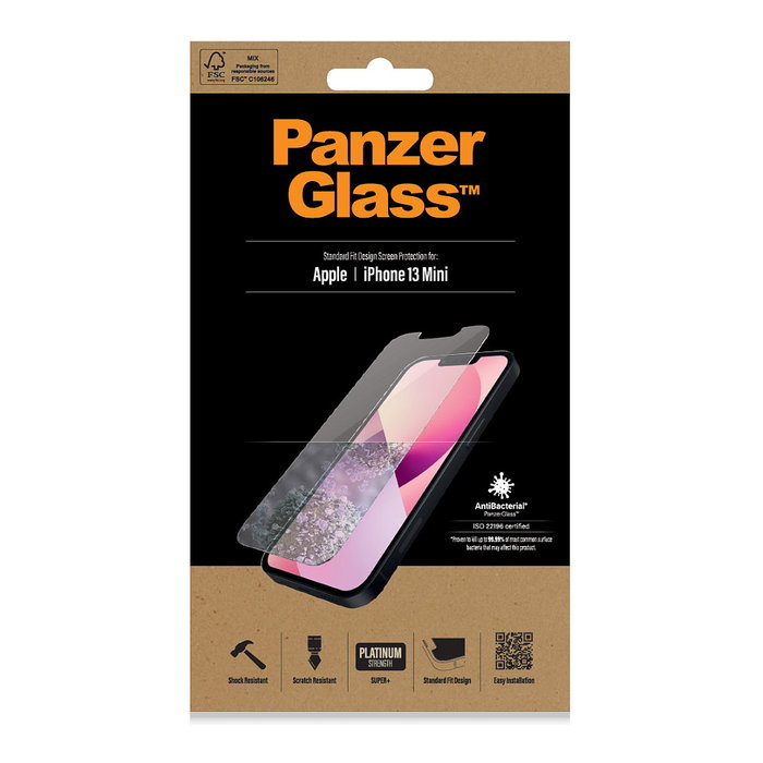 PanzerGlass Protector de Pantalla iPhone 13 Mini Standard - Vidrio Templado, Antibacteriano, Aplicación en Seco, Resistente a Rayones y Golpes