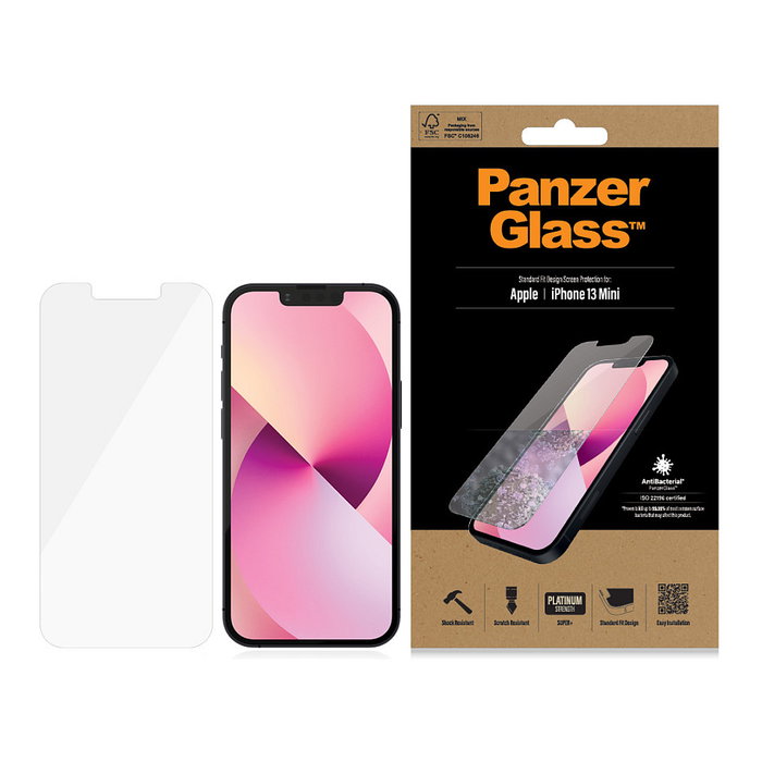 PanzerGlass Protector de Pantalla iPhone 13 Mini Standard - Vidrio Templado, Antibacteriano, Aplicación en Seco, Resistente a Rayones y Golpes