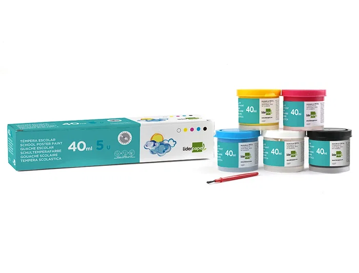 Liderpapel Tempera Escolar Caja 5 Colores 40 ml + Pincel Ideal para Papel, Cartulina, Madera, Tela, Modelar y Arcilla