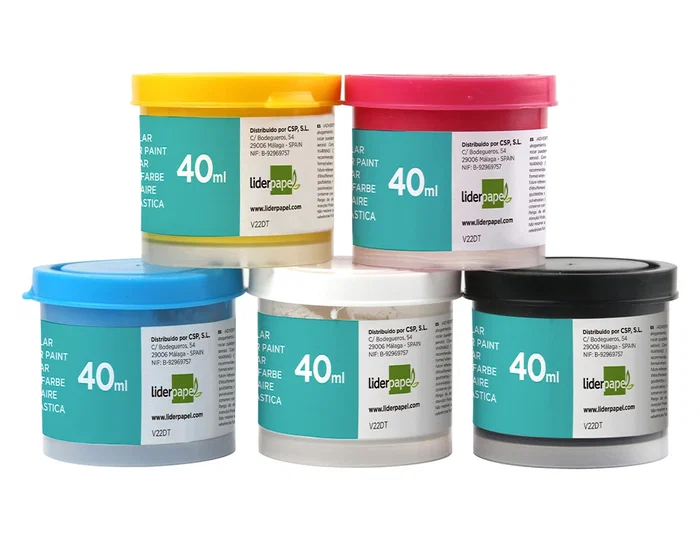 Liderpapel Tempera Escolar Caja 5 Colores 40 ml + Pincel Ideal para Papel, Cartulina, Madera, Tela, Modelar y Arcilla