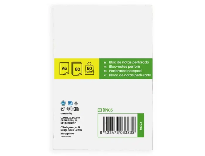 Liderpapel Bloc de notas A7 Cuadriculado 4mm 80 hojas 60g/m2 Perforado