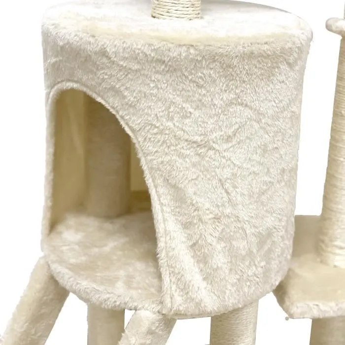 JIPSY Árbol Rascador para Gatos Beige ALC12 con 3 Plataformas, Nicho, Ratones, Percha y Sisal - 79 x 34 x 138 cm