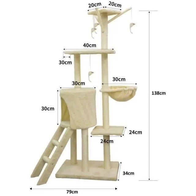 JIPSY Árbol Rascador para Gatos Beige ALC12 con 3 Plataformas, Nicho, Ratones, Percha y Sisal - 79 x 34 x 138 cm