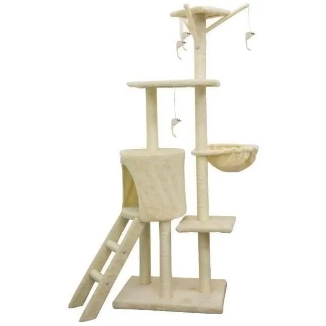JIPSY Árbol Rascador para Gatos Beige ALC12 con 3 Plataformas, Nicho, Ratones, Percha y Sisal - 79 x 34 x 138 cm