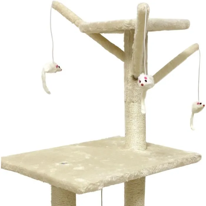 JIPSY Árbol Rascador para Gatos Beige ALC12 con 3 Plataformas, Nicho, Ratones, Percha y Sisal - 79 x 34 x 138 cm