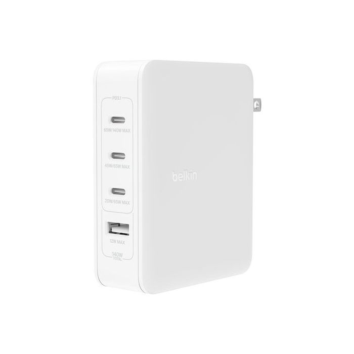 Belkin WCH014btWH - Cargador de Pared GaN 140W, 3 Puertos USB-C y 1 USB-A, Carga Rápida PD para Portátil, Tablet y Smartphone