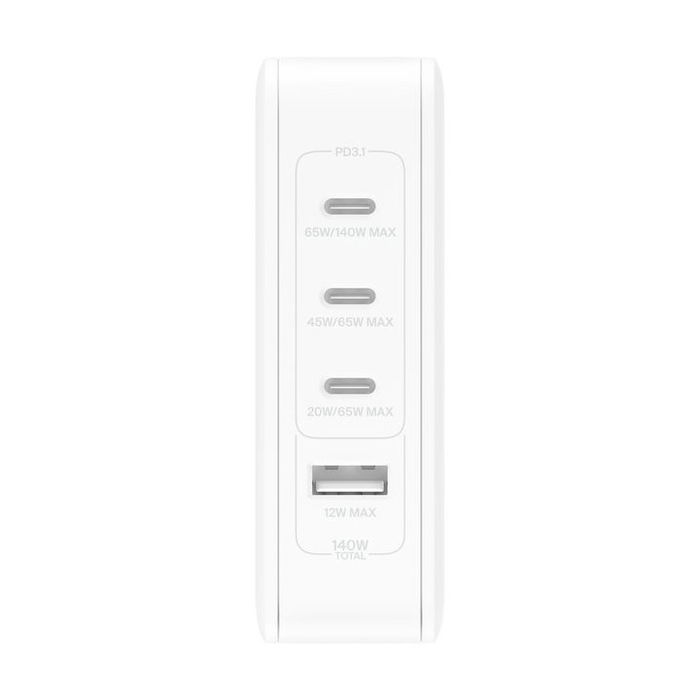 Belkin WCH014btWH - Cargador de Pared GaN 140W, 3 Puertos USB-C y 1 USB-A, Carga Rápida PD para Portátil, Tablet y Smartphone