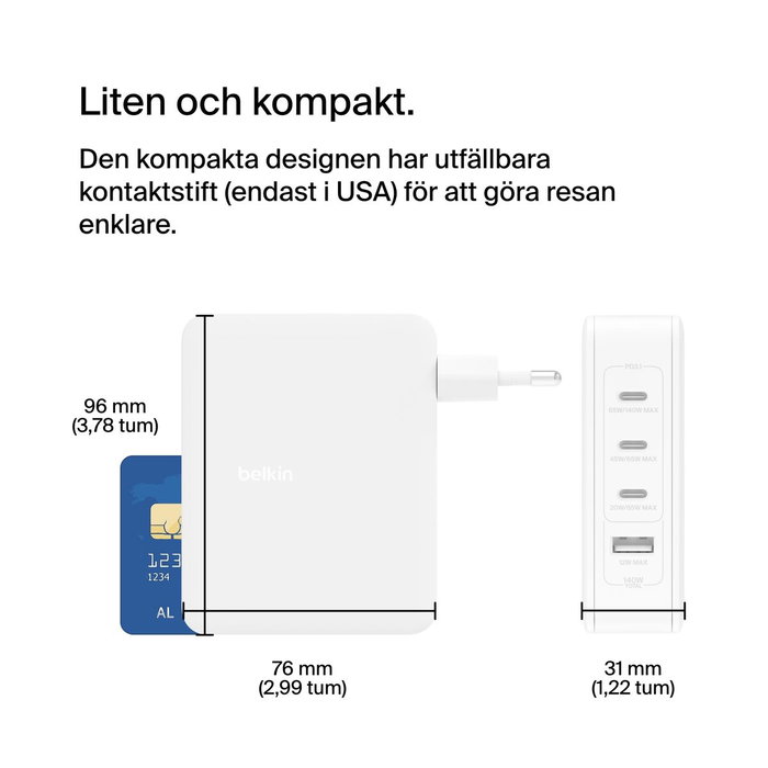 Belkin BoostCharge Pro 140W 4-Port GaN Cargador de Pared WCH014BTWH Blanco