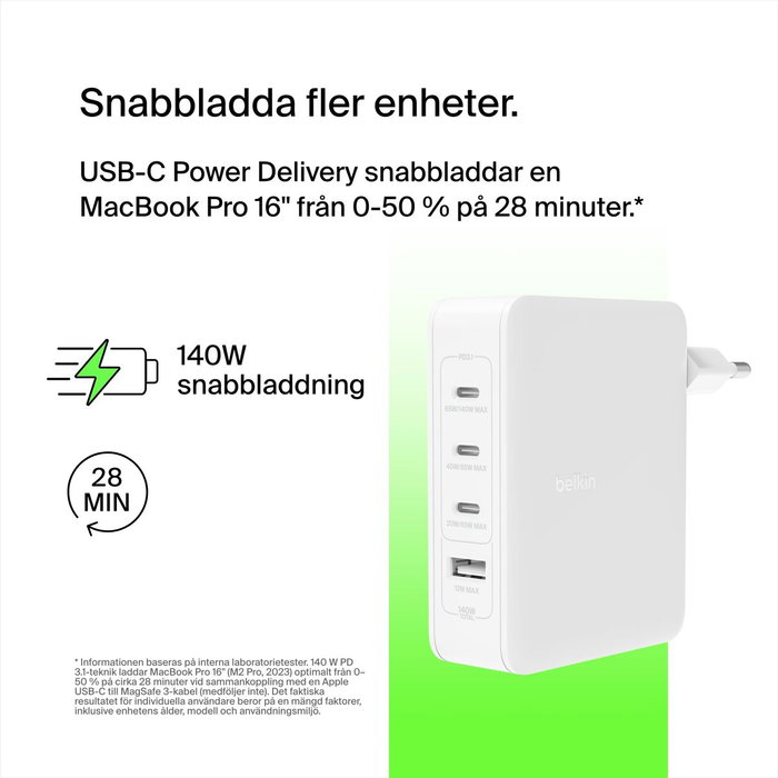Belkin BoostCharge Pro 140W 4-Port GaN Cargador de Pared WCH014BTWH Blanco