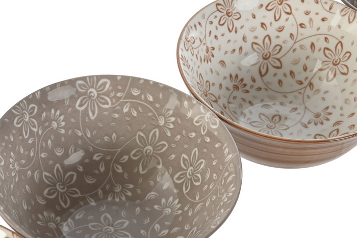 DKD Home Decor Set de 4 Cuencos de Porcelana Flores Beige y Marrón