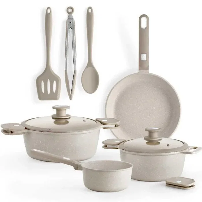 Monix Batería de Cocina 9 Piezas Denmark - Set Cazo 16cm, Sarten 24cm, Cacerolas 20 y 24cm con Tapa, Aluminio Fundido Antiadherente Tricapa, Apta Inducción y Horno