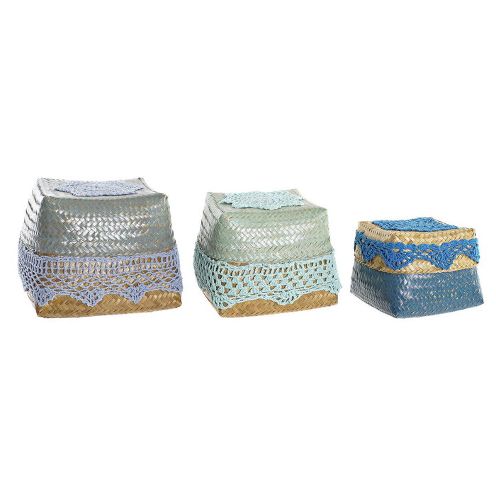 DKD Home Decor Set de 3 Cestas de Bambú y Algodón Azul
