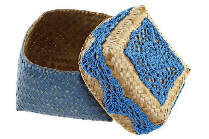 DKD Home Decor Cesta Azul Turquesa Bambú Algodón Set de 3 Piezas 27 x 27 x 22 cm