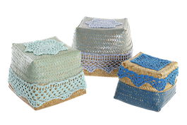 DKD Home Decor Cesta Azul Turquesa Bambú Algodón Set de 3 Piezas 27 x 27 x 22 cm