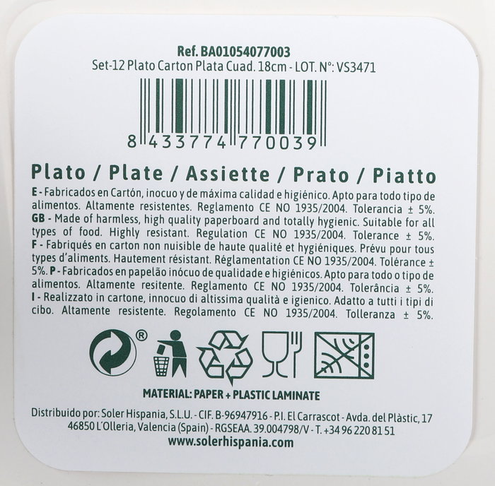 Algon Set 12 Platos de Cartón Cuadrados Plateados 18 cm (18 Unidades)