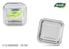 Algon Set 12 Platos de Cartón Cuadrados Plateados 18 cm (18 Unidades)