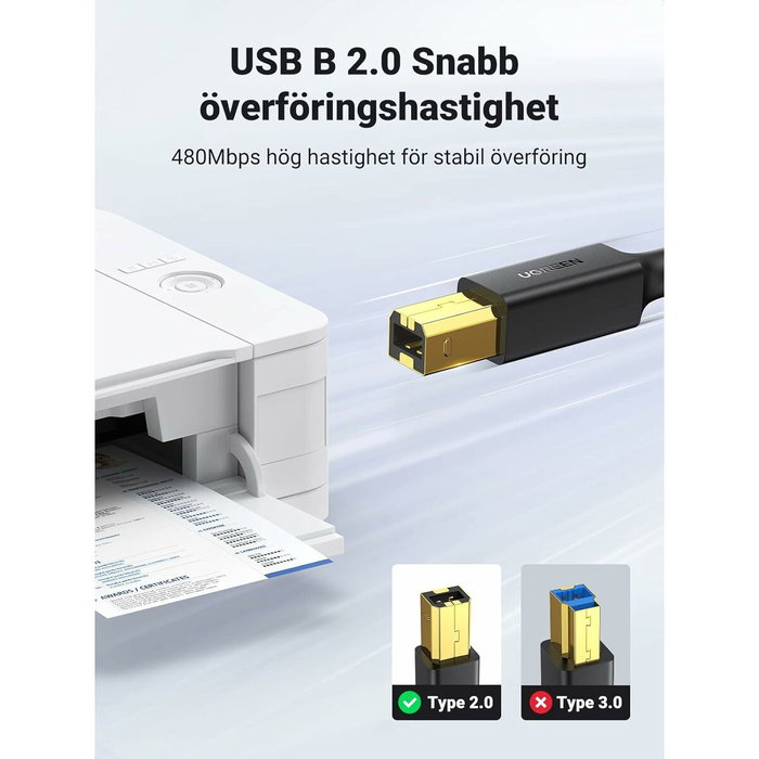 Ugreen US135 Cable USB 2.0 A-B para impresora, chapado en oro, 3m, negro