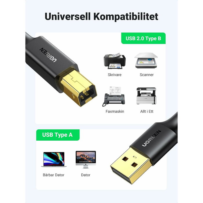 Ugreen US135 Cable USB 2.0 A-B para impresora, chapado en oro, 3m, negro