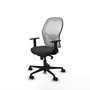 Silla de oficina Jorquera con mecanismo Sincro tapizada con Similpiel color Gris oscuro y malla color Blanco. Equipada con lumbar 1D, Brazos 1D y Ruedas 65mm nailon