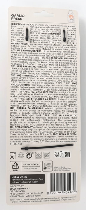 Masterchef Prensa De Ajo Ss 24 cm Largo x 9 cm Ancho x 3.4 cm Alto (24 Unidades)