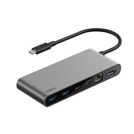 Belkin INC024HQSGY Adaptador USB-C 8 en 1 con Puerto HDMI 4K 60Hz, Ethernet 2.5G, 2xUSB-C, 2xUSB-A 3.2, Lector SD/MicroSD - Gris