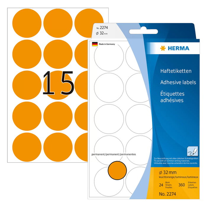 HERMA Etiquetas de identificación Ø 32,0 mm naranja brillante HERMA Etiquetas de identificación Ø 32,0 mm naranja brillante